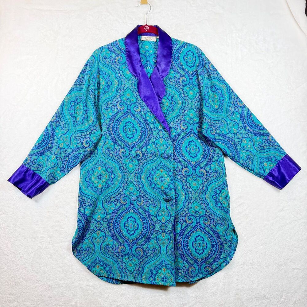 Vintage Victoria's Secret Paisley Nightshirt S Jewel Tone Satin Trim